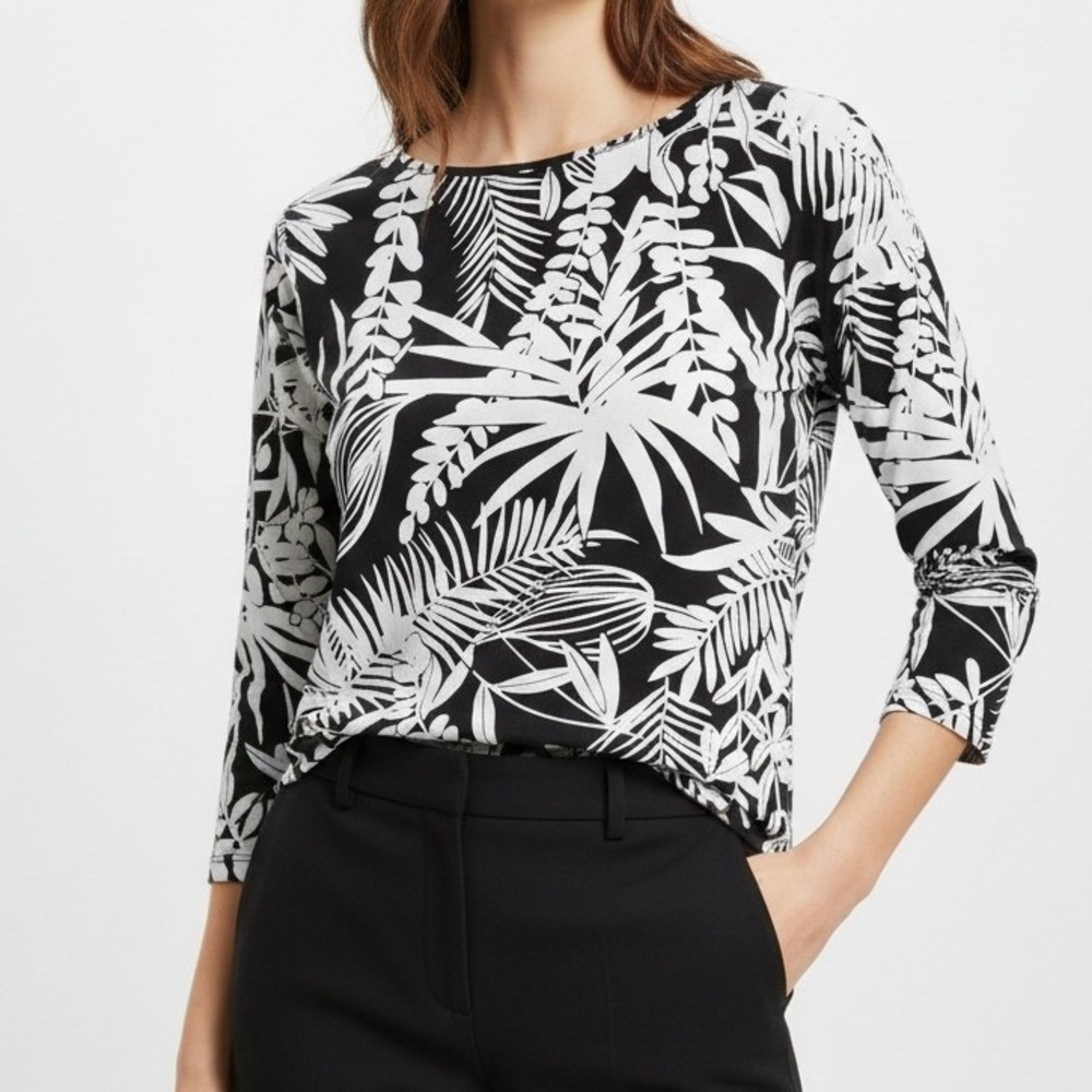 Talbots Petite Small Tee Black White Leaf Print Cotton Blend Long Sleeve Shirt